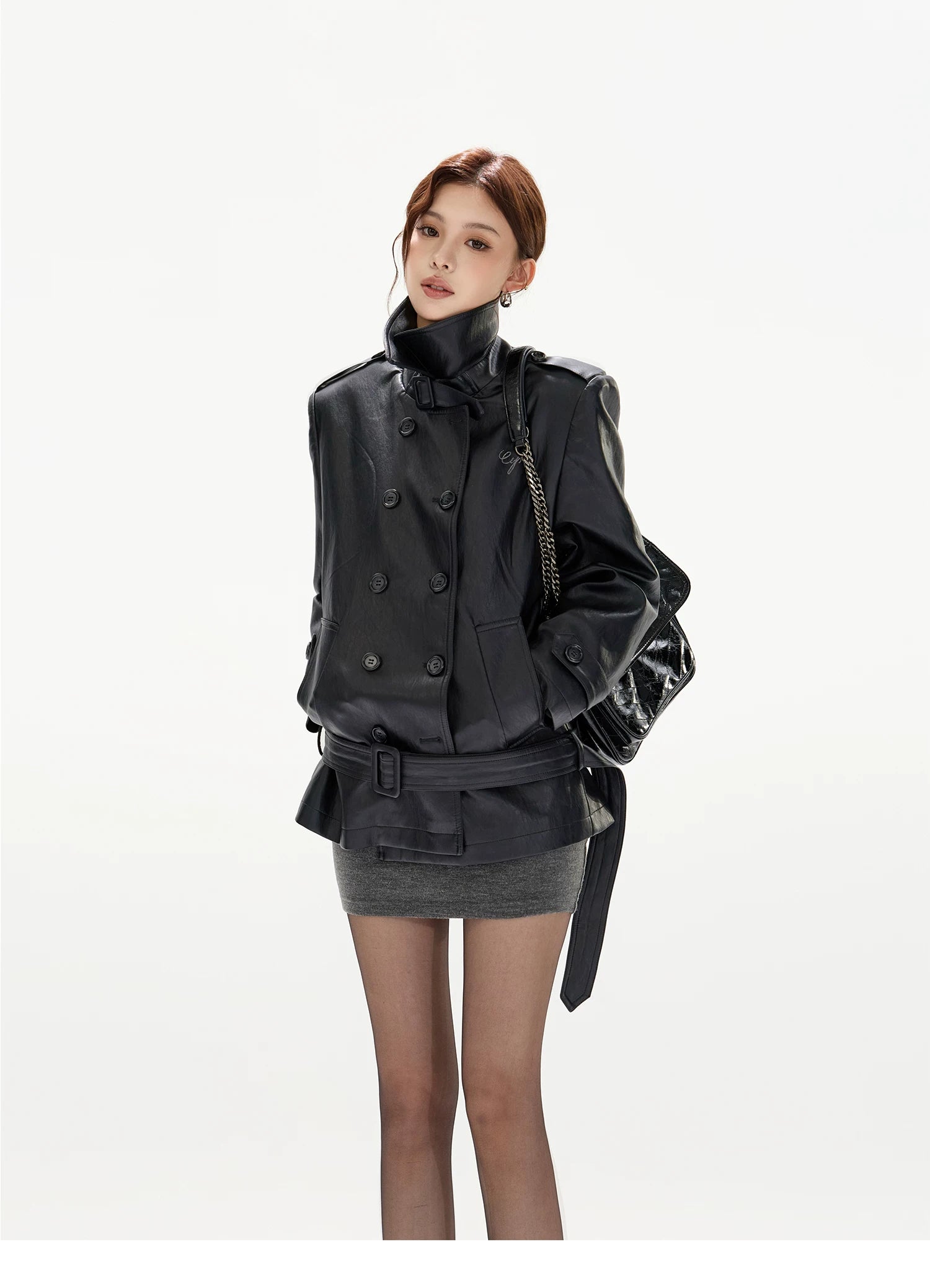 Double-Breasted Belted Faux Leather Jacket