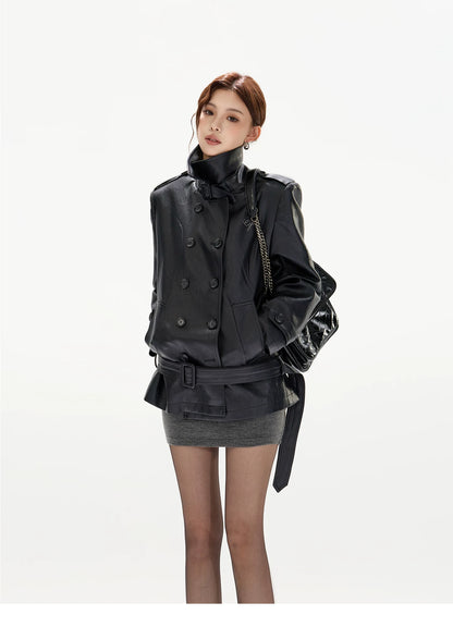 Double-Breasted Belted Faux Leather Jacket