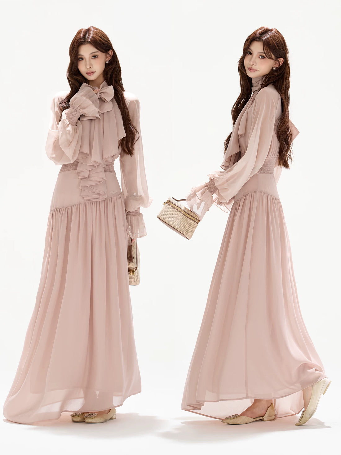V-Neck Lantern Sleeve Maxi Dress