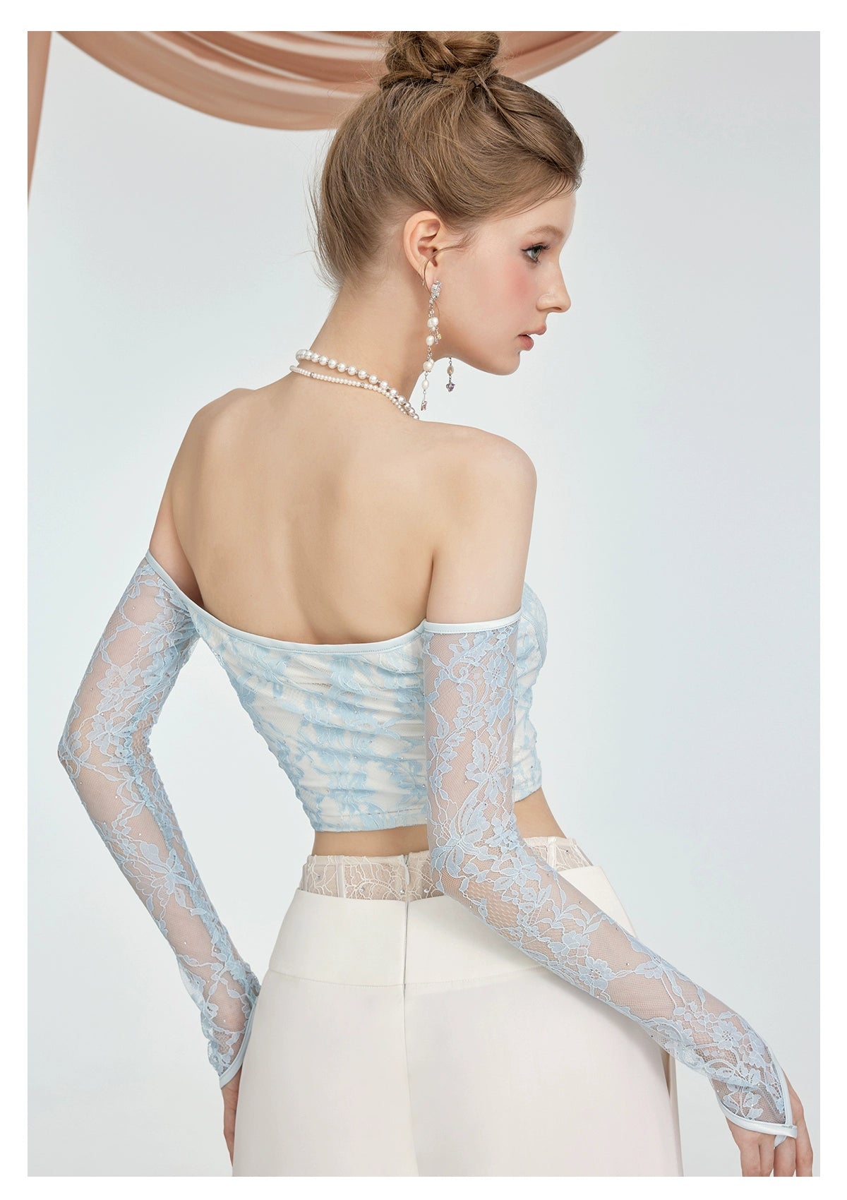 Lace Cropped One-Shoulder Long-Sleeve Top