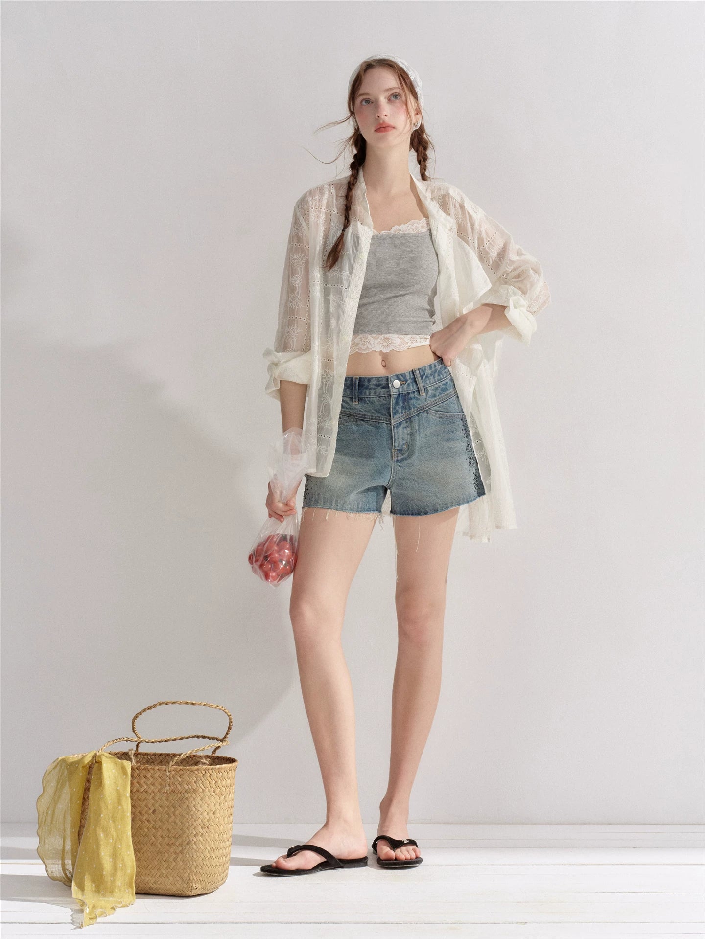 Vintage Washed Crystal-Embellished Denim Shorts