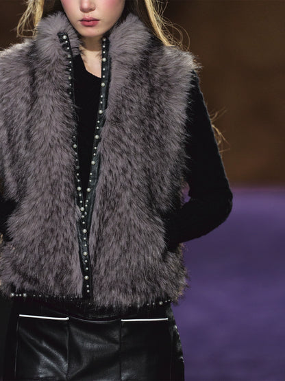 Beaded Faux Fur Layered Vest