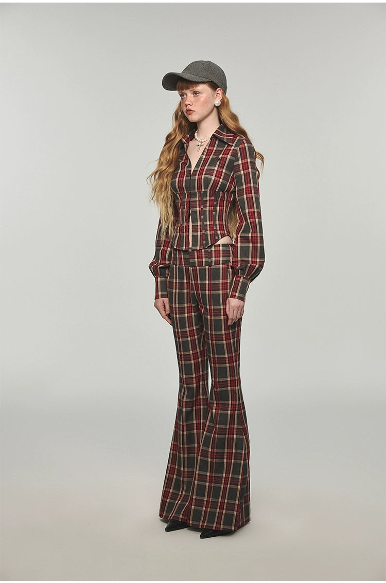 Plaid &amp; Leopard Slim-Fit Flared Pants - CHINASQUAD