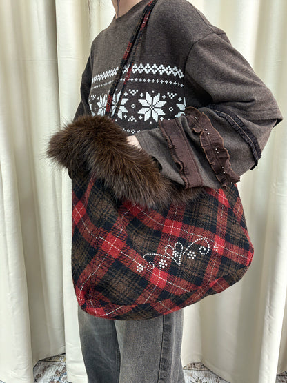 Plaid Wool-Blend Large Tote Bag