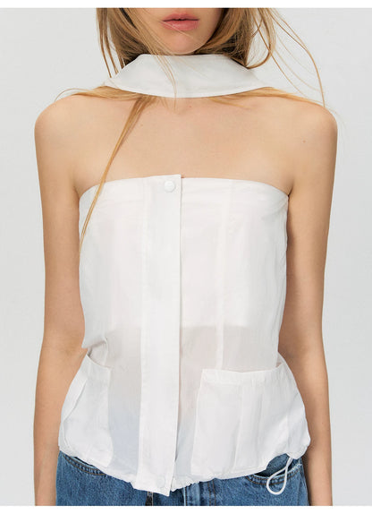 Sheer Utility-Inspired Strapless Peplum Top