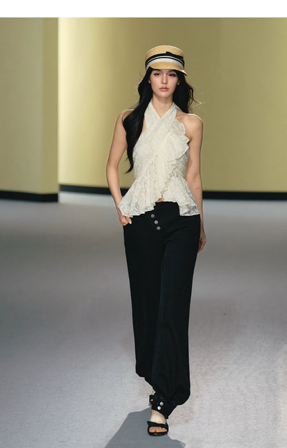Asymmetric Placket Straight-Leg Denim Trousers