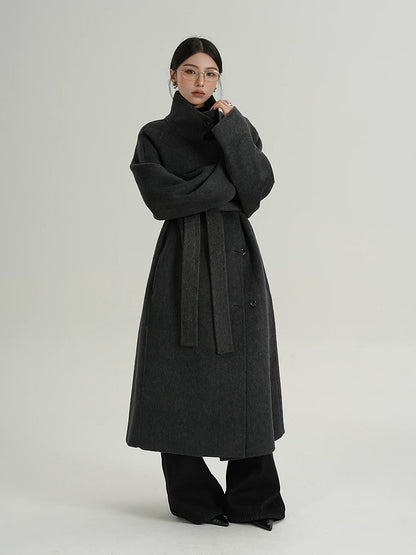 Stand-Collar Long Wool Double-Faced Coat