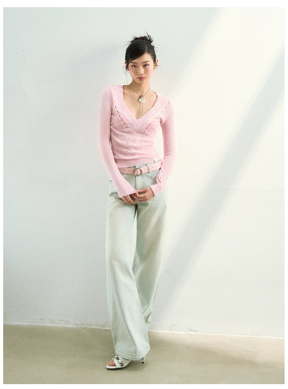 Distressed Openwork V-Neck Knit Top