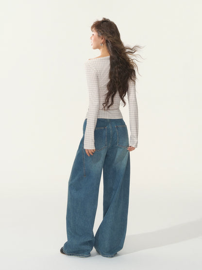 Velvet-Touch Plaid Draped Off-Shoulder Long Sleeve T-Shirts