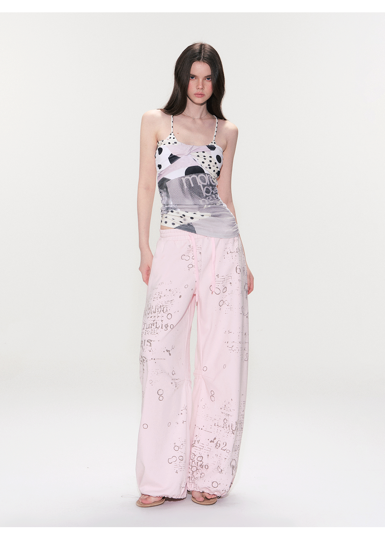 Vintage Graphic Drawstring Wide-Leg Pants