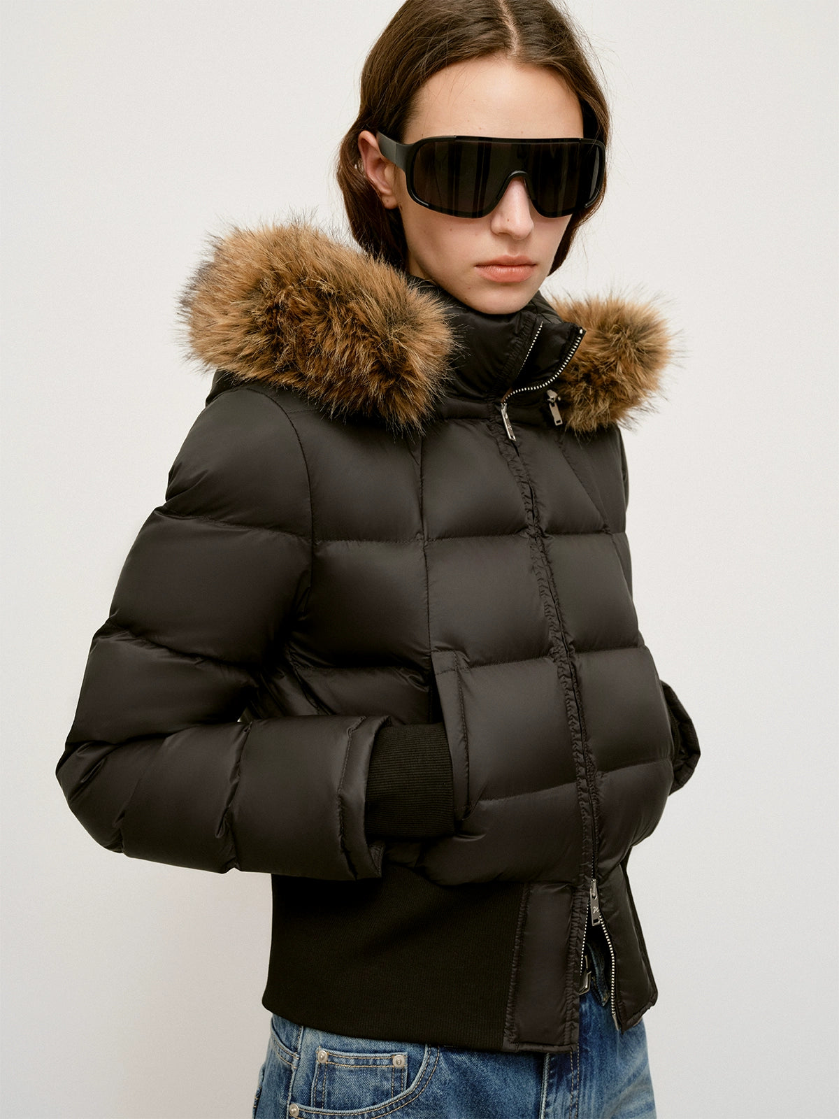 90% White Duck Fur Collar Cropped Down Jacket