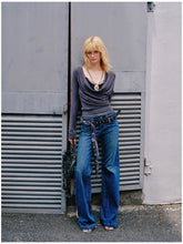 Washed Blue Embroidered Straight Jeans - CHINASQUAD