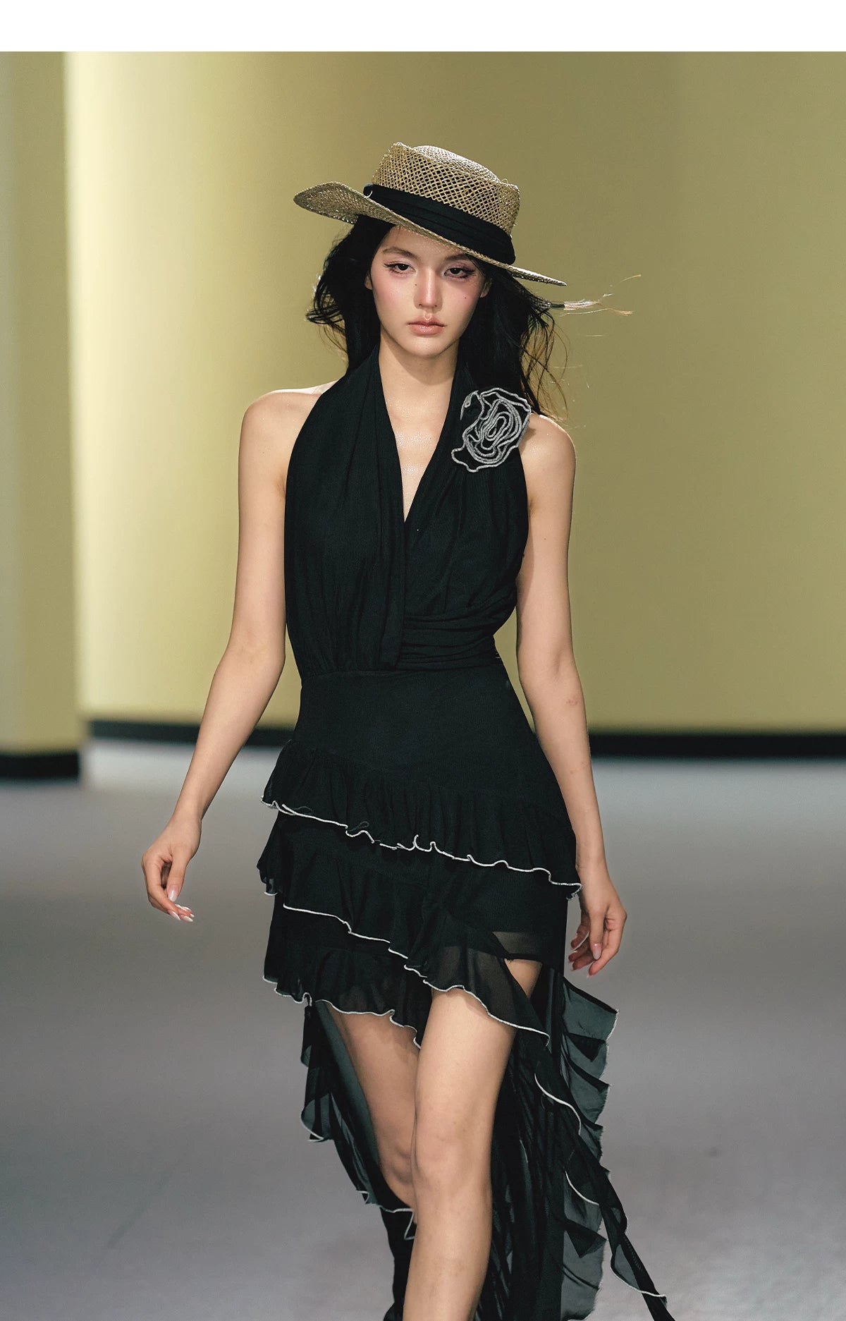 Rose Appliqué Asymmetrical Halterneck Dress