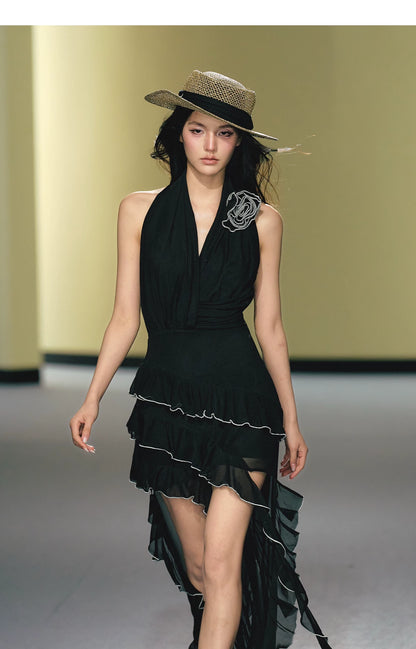 Rose Appliqué Asymmetrical Halterneck Dress