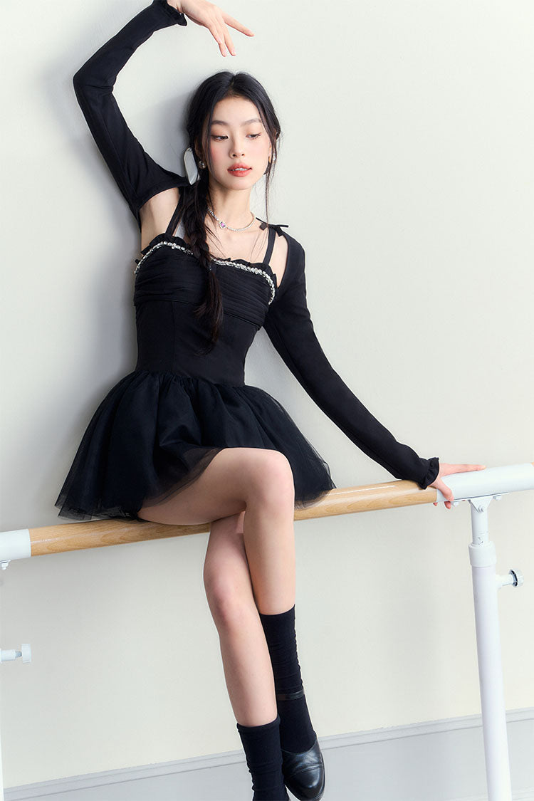 Black Ballet Vintage Slim Halter Puffy Mini Dress - CHINASQUAD