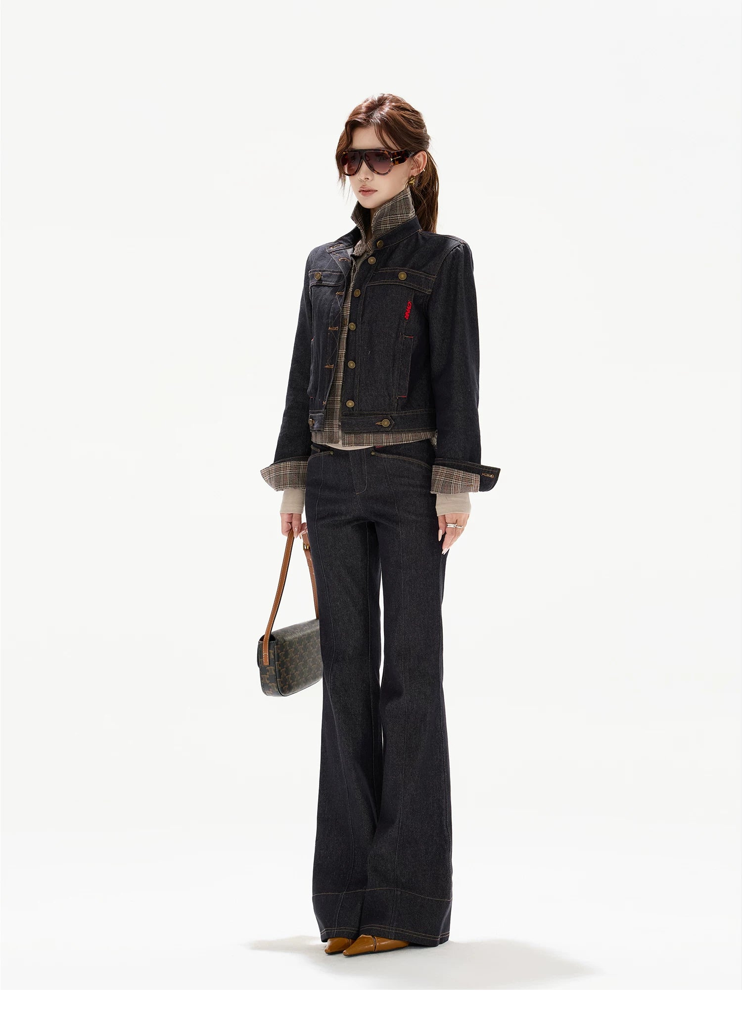 Plaid Mid-Rise Flared Wide-Leg Jeans