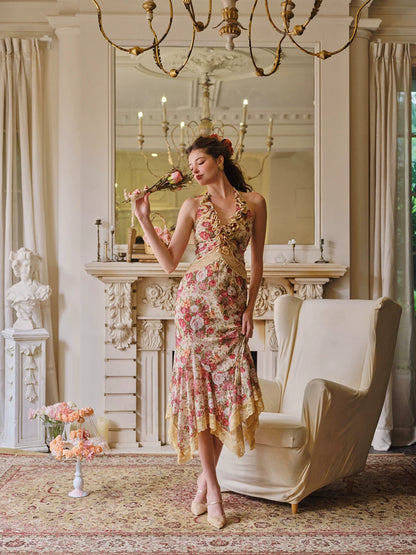 Flamenco Halter Mermaid Mesh Dress