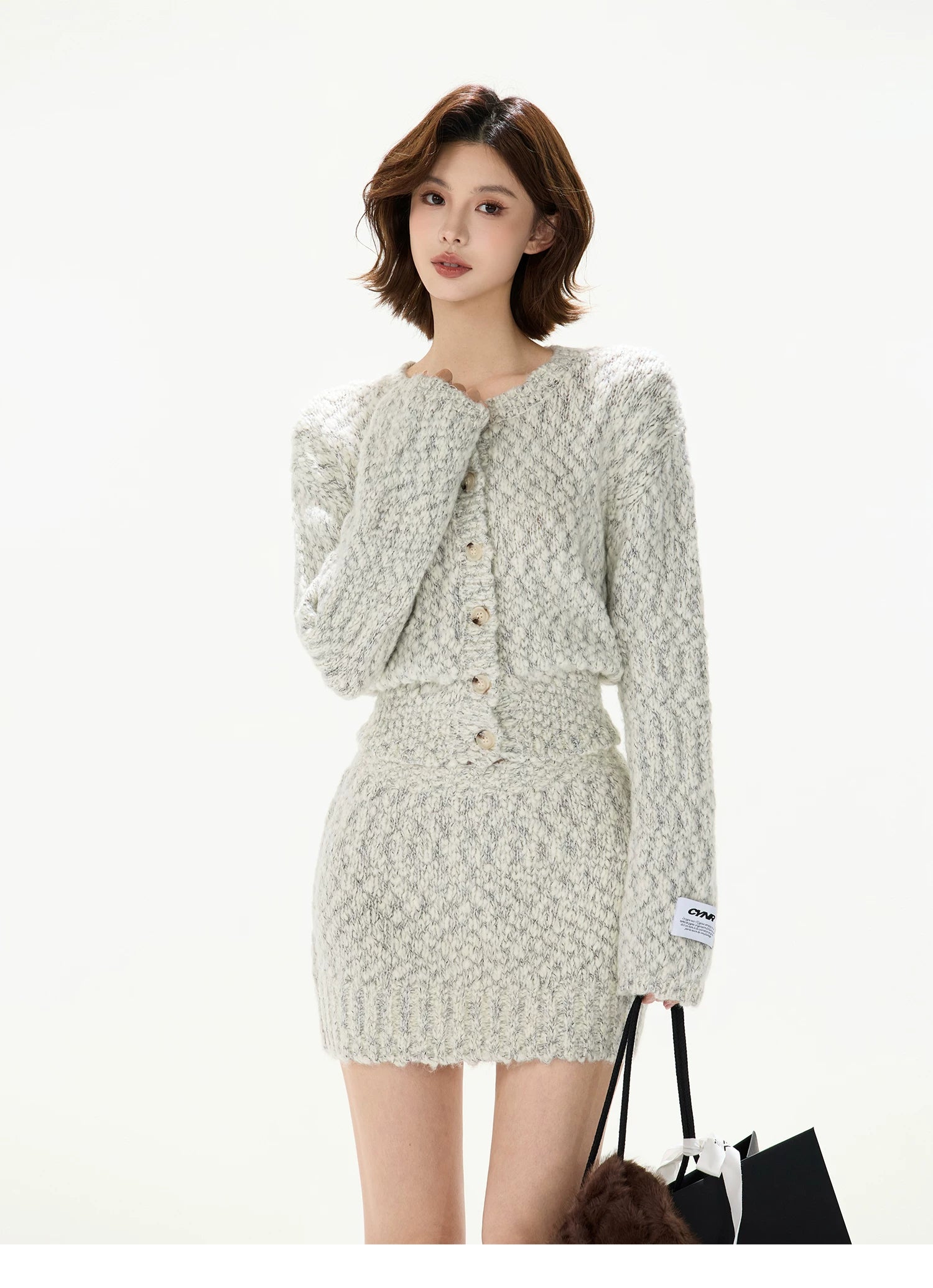 Knit Cardigan &amp; Mini Skirt Tweed-Style Set