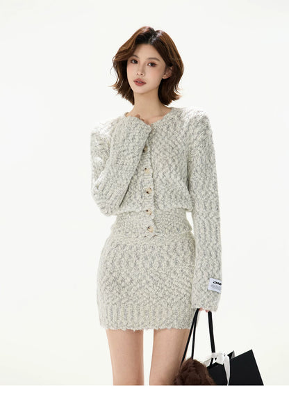 Knit Cardigan &amp; Mini Skirt Tweed-Style Set