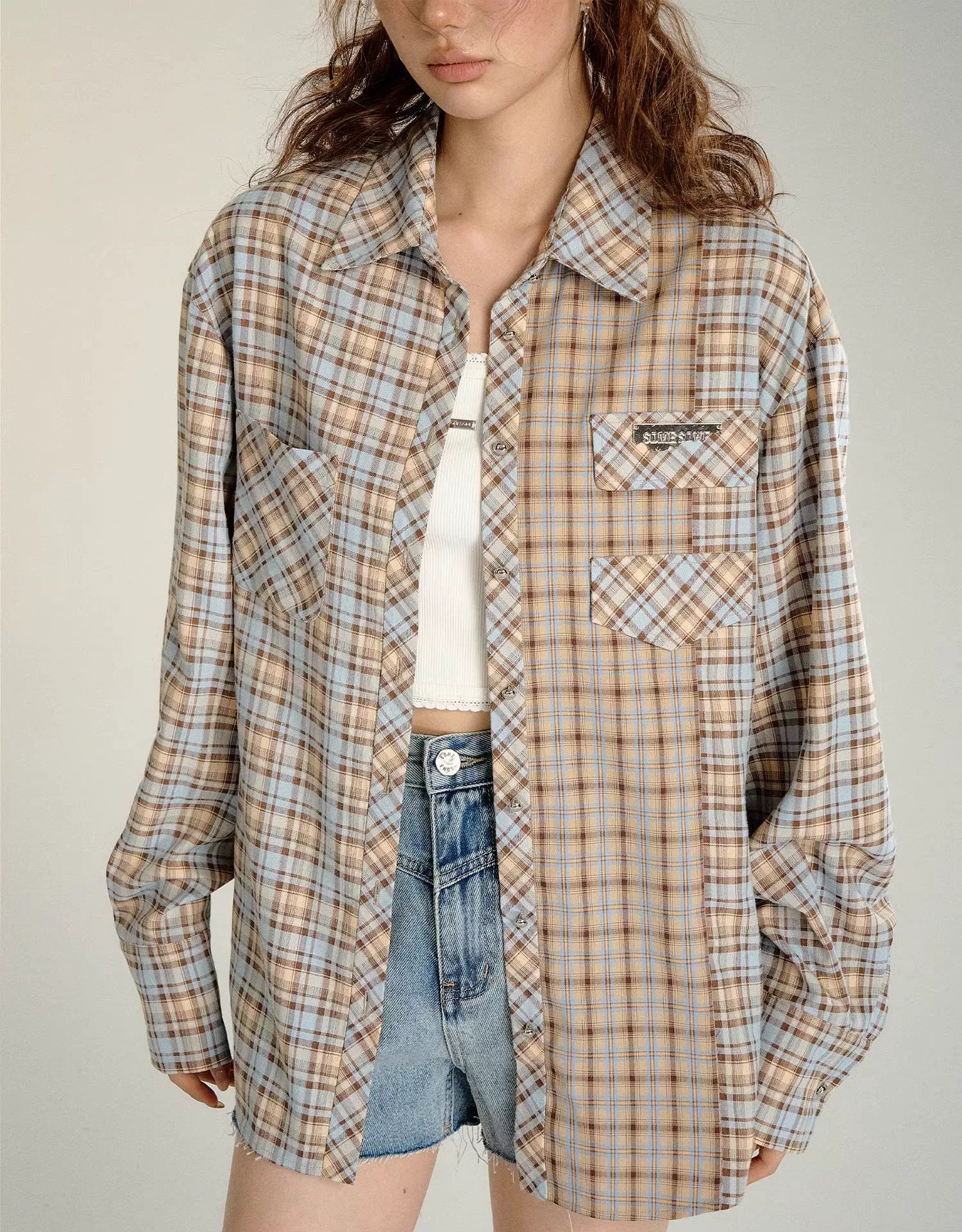 Color-blocked Plaid Oversized Shirt