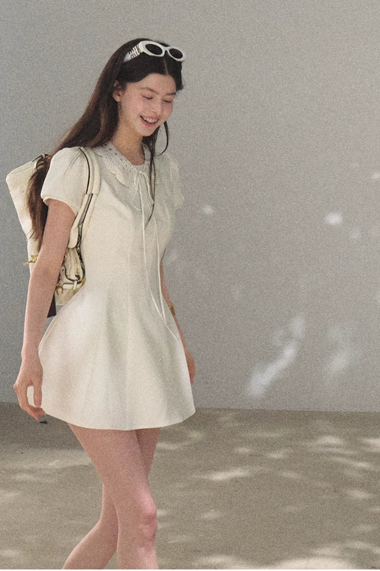Detachable Crocheted Peter Pan Collar Cinched-Waist Mini Dress