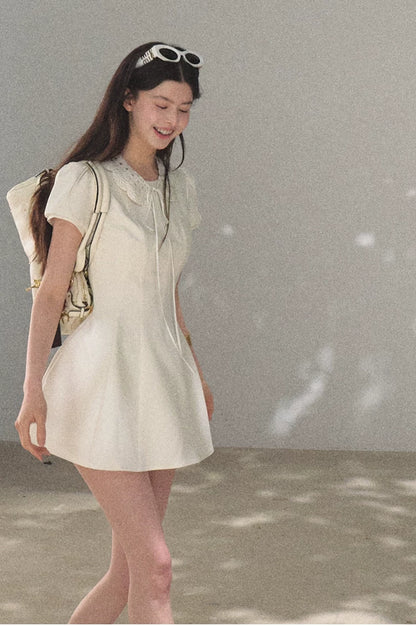 Detachable Crocheted Peter Pan Collar Cinched-Waist Mini Dress