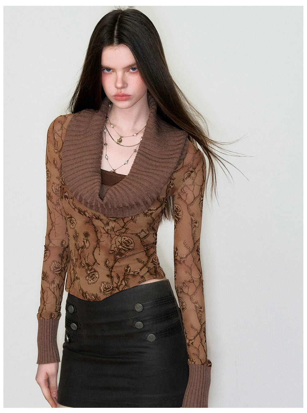 Draped Cowl-Neck Patchwork Knit Sweater