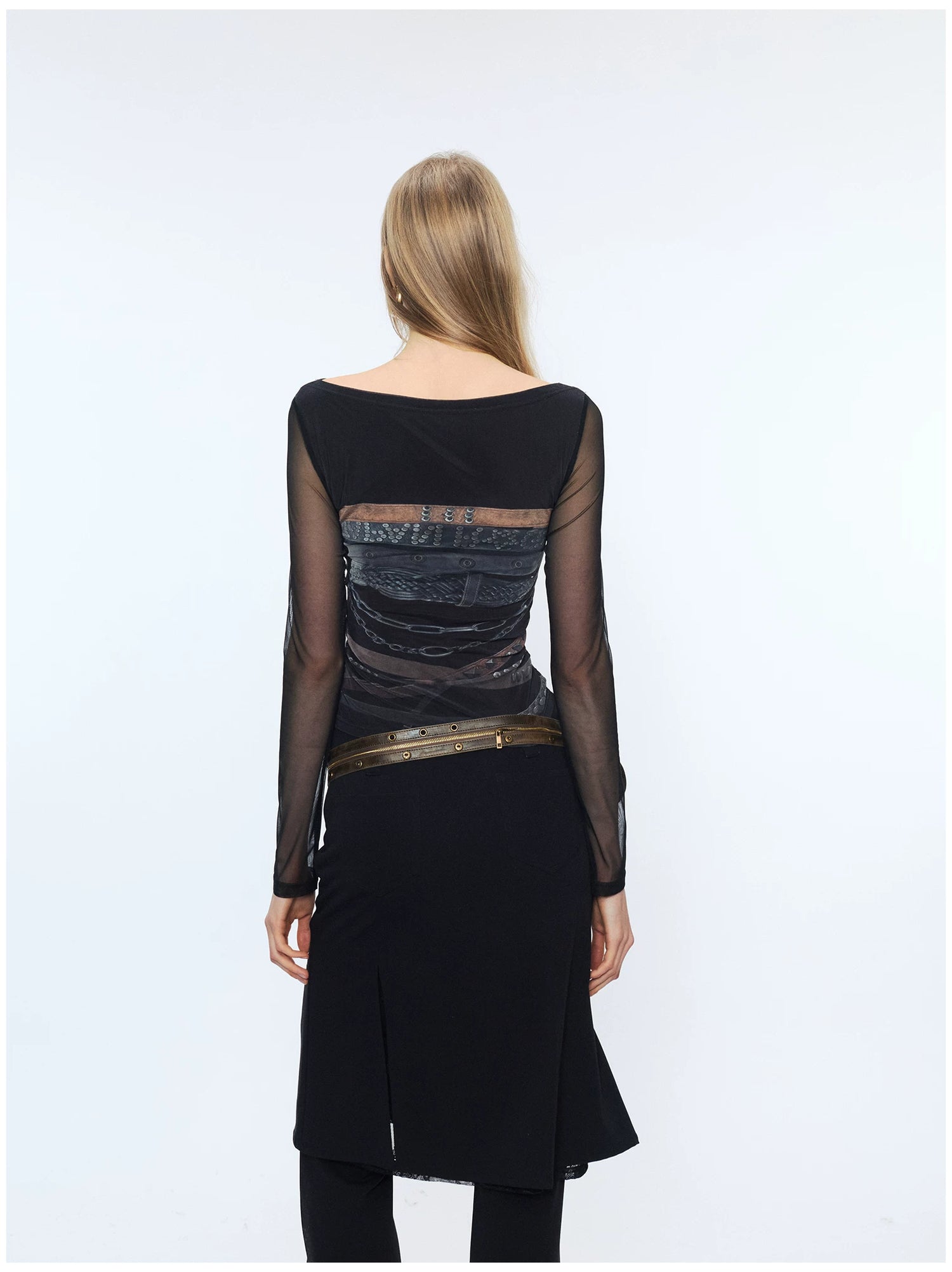 Original Print Mesh Patchwork Tie-Up Base Layer Top