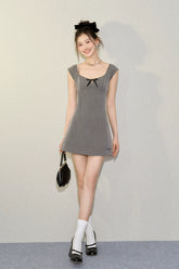 Grey Bow Tie U-neck Cinched Waist Dress - CHINASQUAD