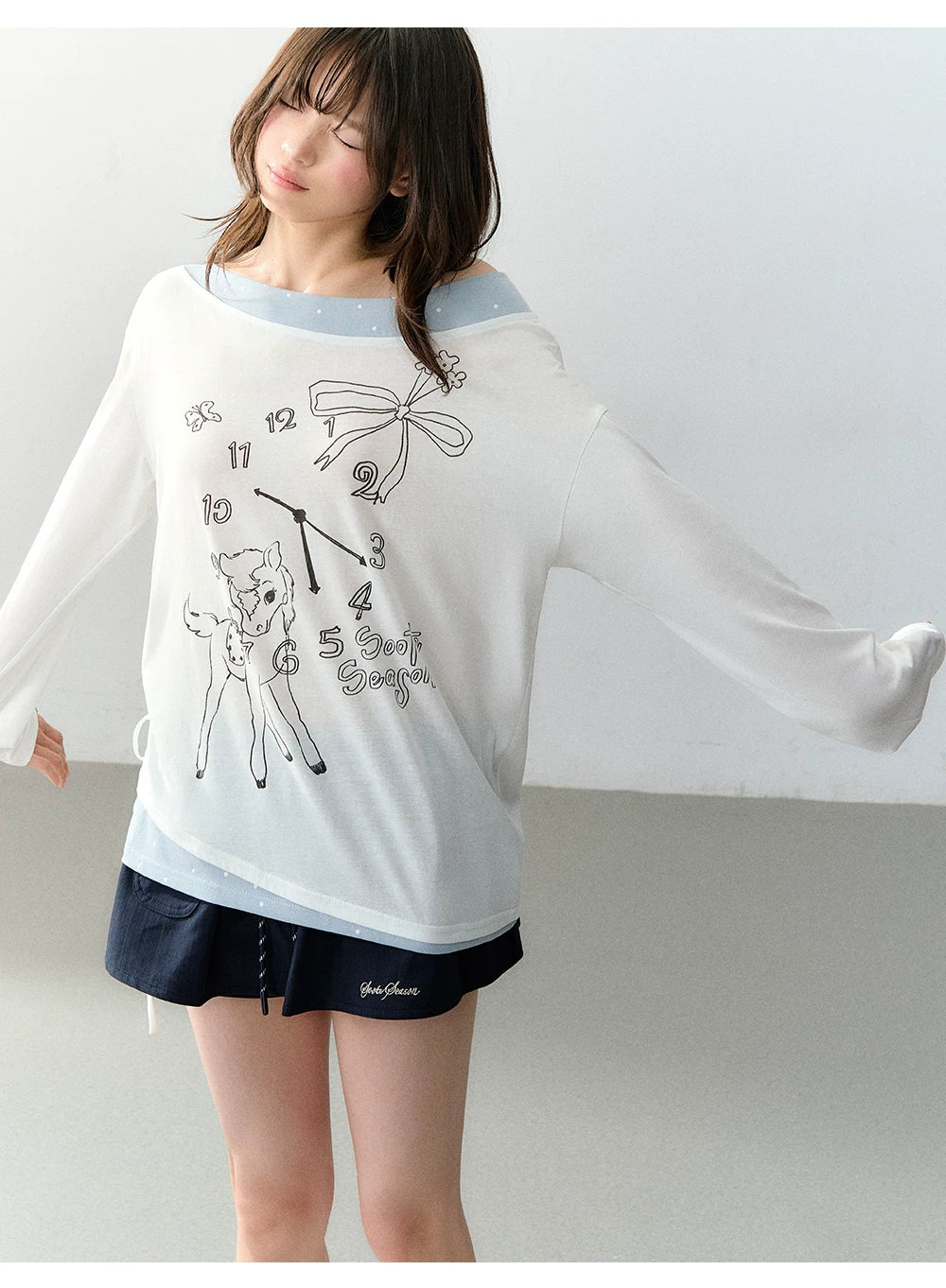 Clock Print Polka Dot Relaxed Long Sleeve blouse