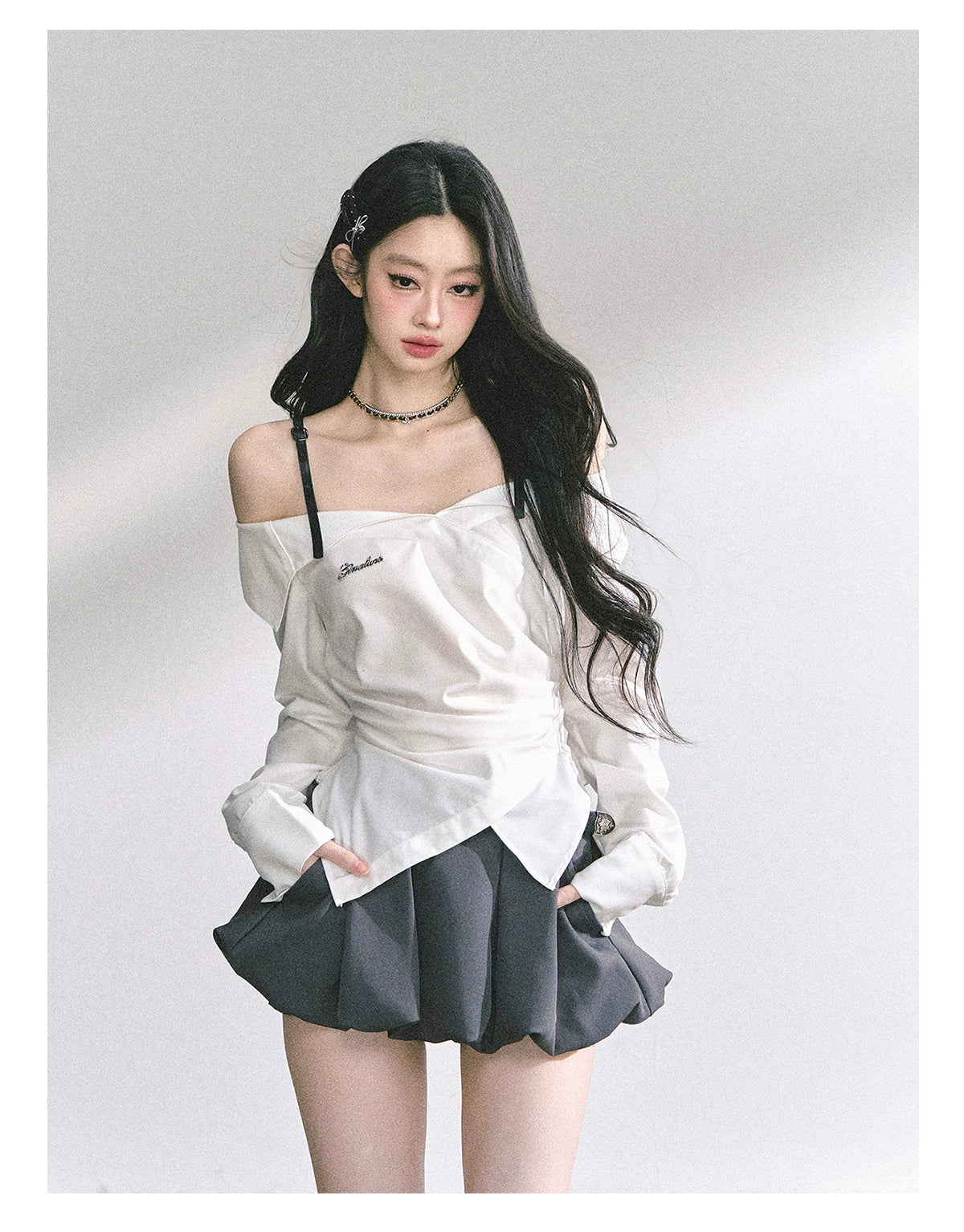 Off-Shoulder Plaid Long-Sleeve Shirt