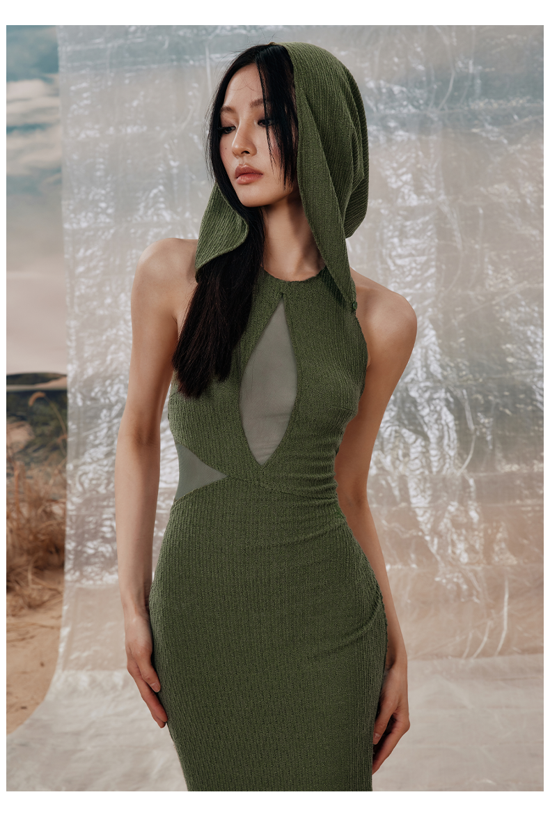 Khaki &amp; Green Tight-fitting Hooded Long Dress - CHINASQUAD