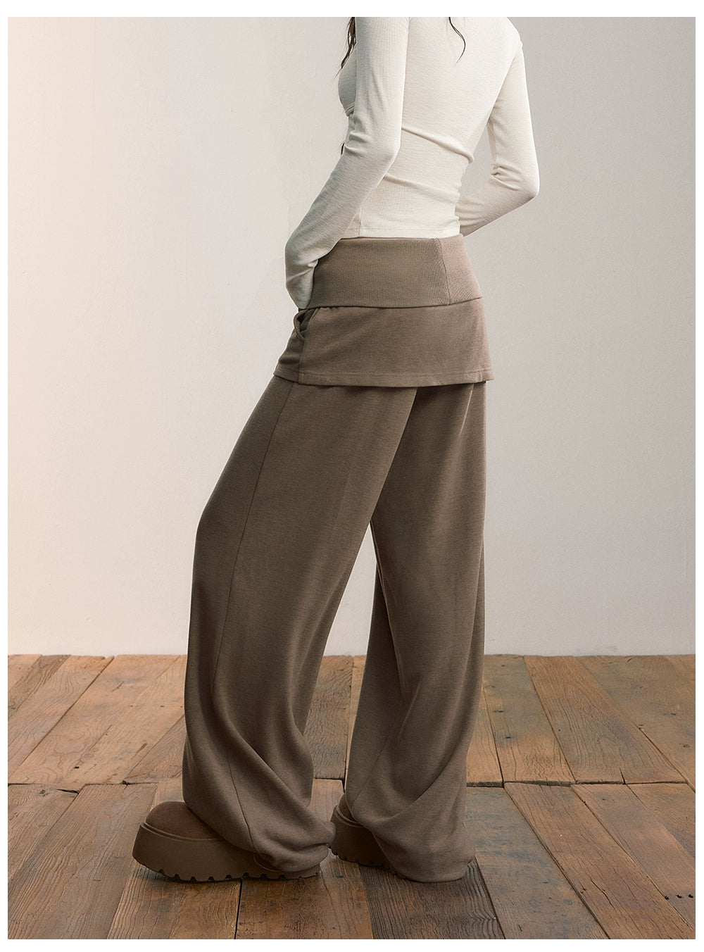 Folded Waist Skirt-Hem Wide-Leg Sweatpants