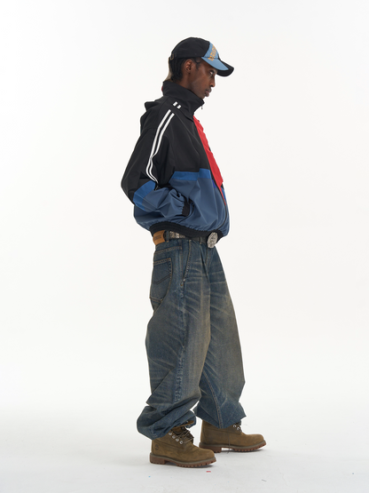 Distressed Cut-Out Color-Block Sport Jacket