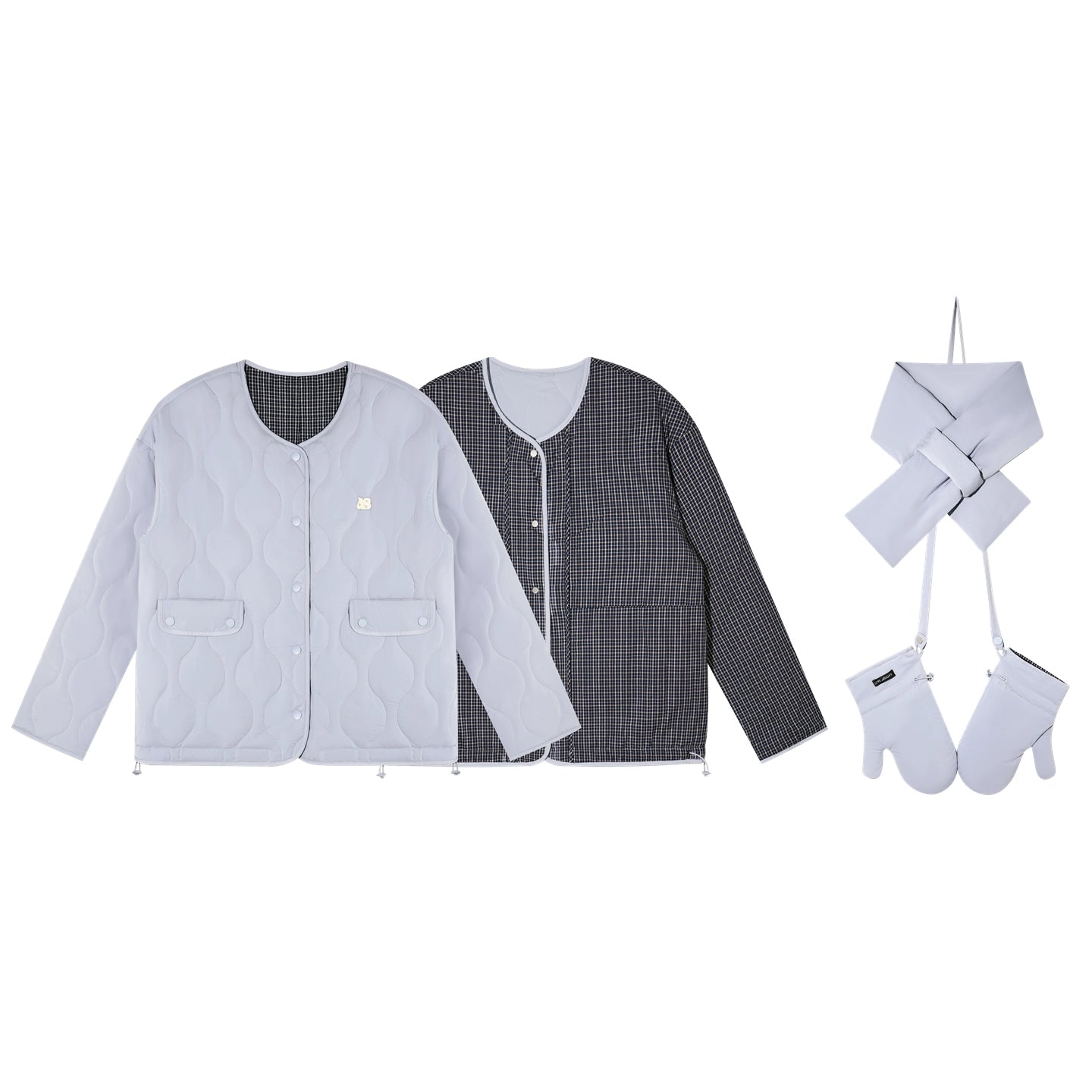 Vintage Blue Plaid Reversible Padded Jacket Set