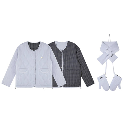 Vintage Blue Plaid Reversible Padded Jacket Set