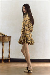 Yellow Plaid Low Waist Long Sleeve Dress - CHINASQUAD