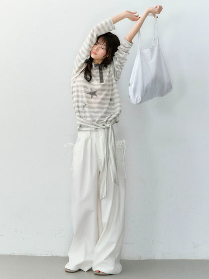 Star Print Off-Shoulder Striped Relaxed Knit Blouse