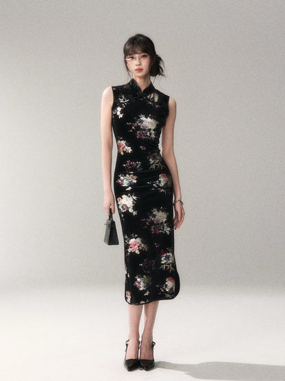 Gilded Velvet Floral Cheongsam Dress