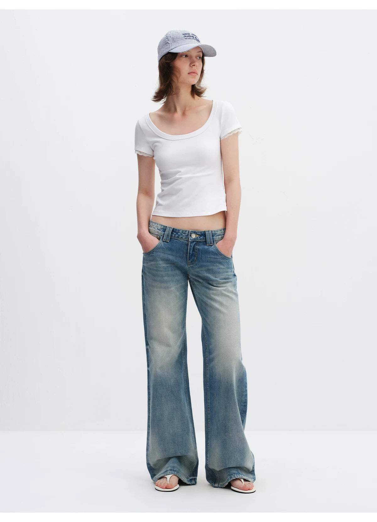 Lace Trim Scoop Neck Fitted Cotton T-Shirt