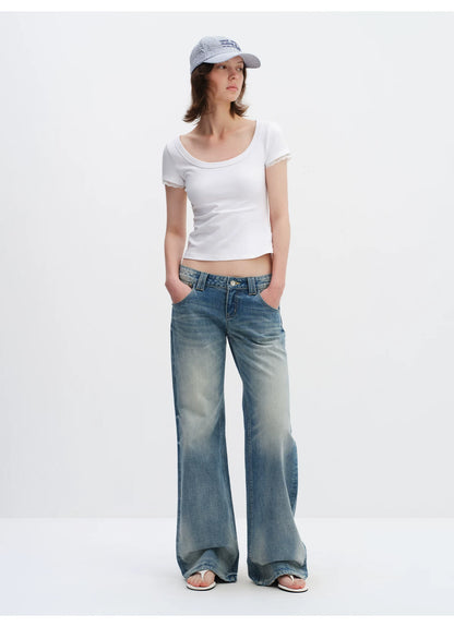 Lace Trim Scoop Neck Fitted Cotton T-Shirt