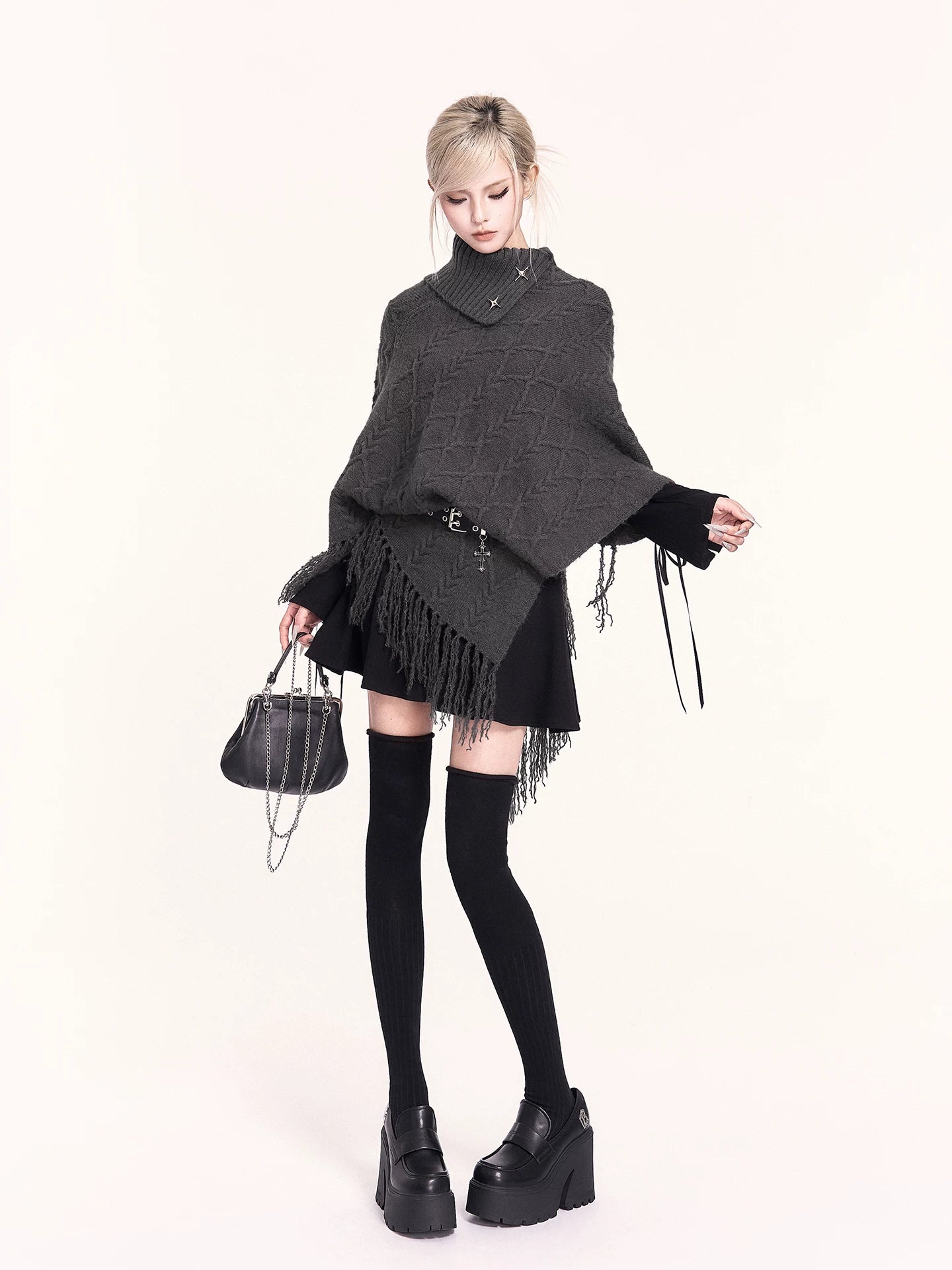 Asymmetric Turtleneck Knit Cape