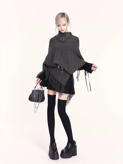 Asymmetric Turtleneck Knit Cape