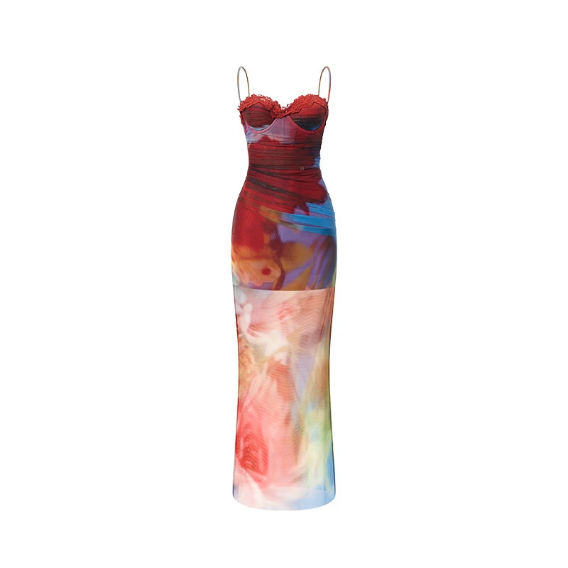 Floral Mesh Halter Corset Maxi Dress