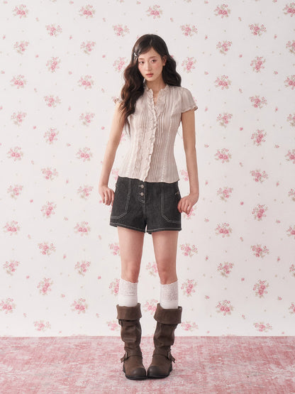 Ruffle Lace Waist-Fit Short Sleeve Blouse