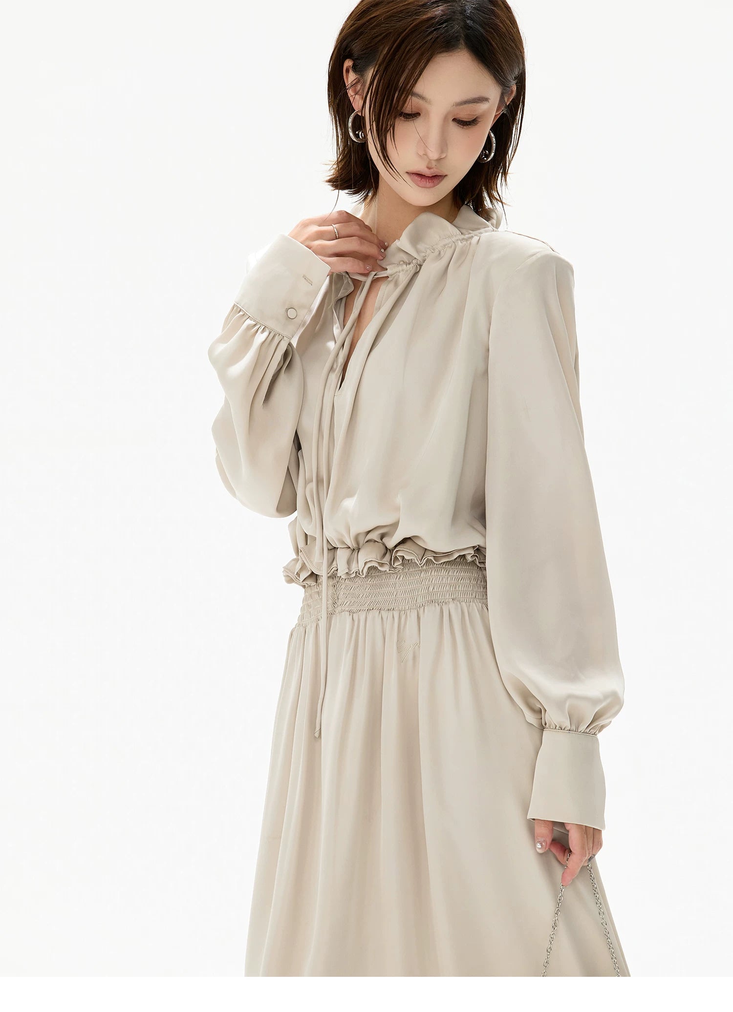 Elegant Ruffled Collar Satin Maxi Dress