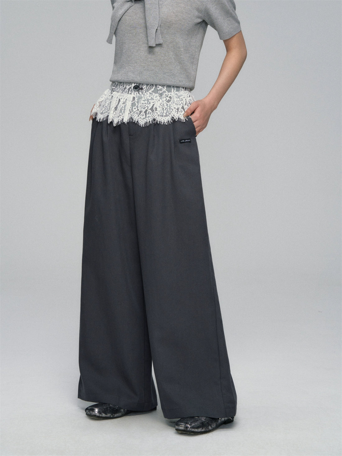 Waistband Lace-spliced Faux Two-piece Long Pants - CHINASQUAD
