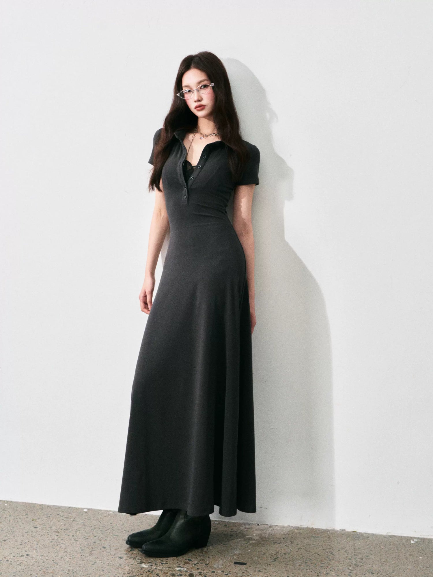 Half-Placket Polo Collar Knit Maxi Dress