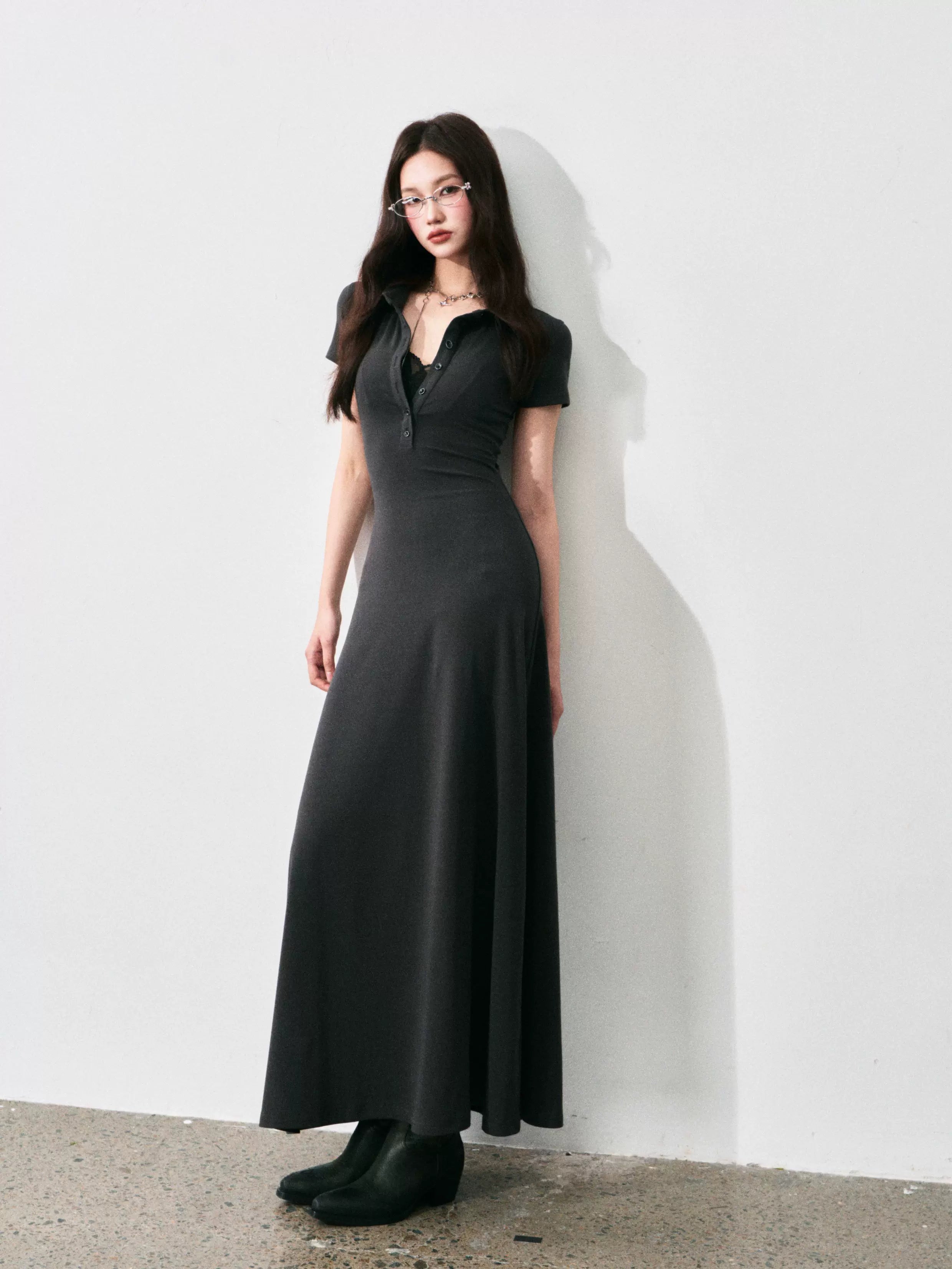Half-Placket Polo Collar Knit Maxi Dress
