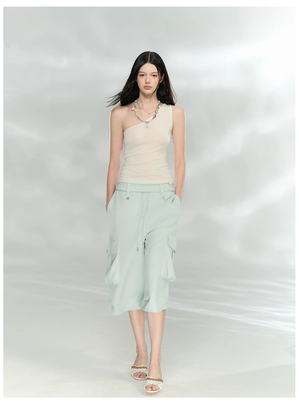 Asymmetric One-Shoulder Lyocell Blend Knit Tank Top